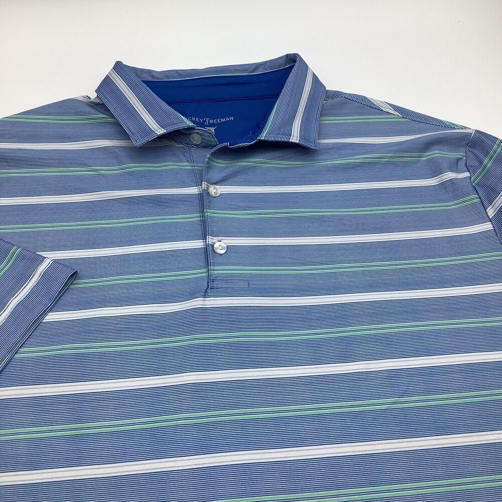 Hickey Freeman Mens Short Sleeve Golf Polo Blue Striped‎ Size Large